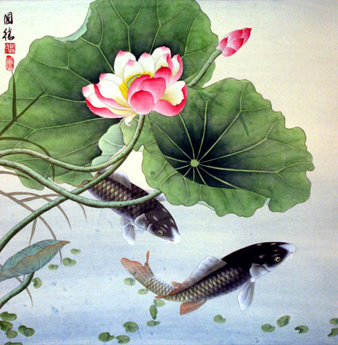 Koi Fish & Lotus Flower - Chinese Paint Art